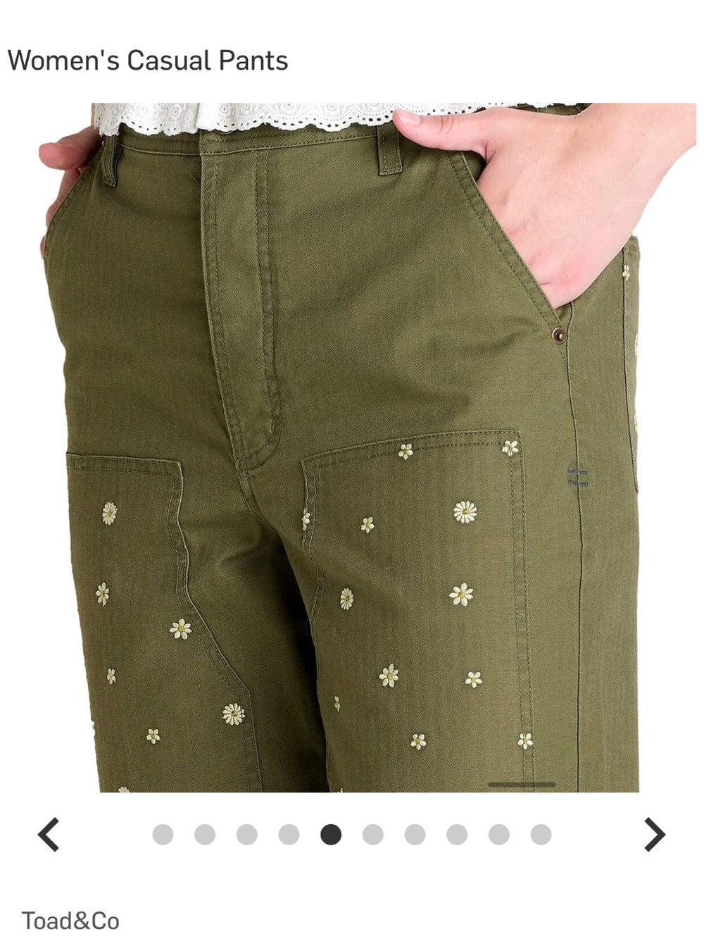 Toad&Co Olive Embroidered Juniper Utility pant in 6 - Picture 2 of 8